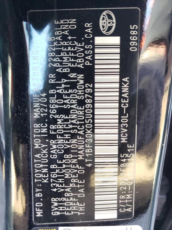 Photo 10 from auction – 2005 TOYOTA CAMRY XLE with VIN 4T1BF30K05U098792