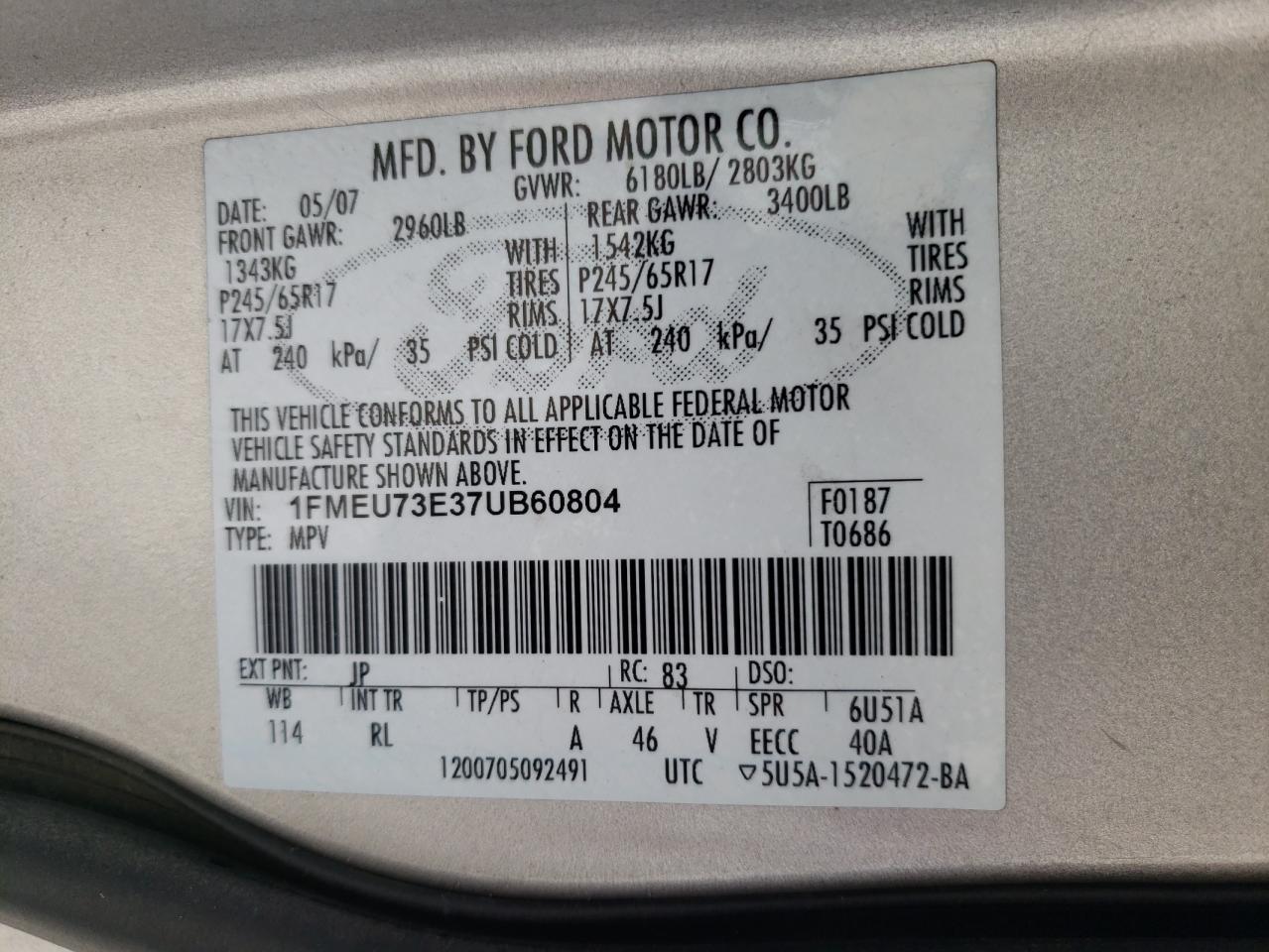 Photo 10 from auction – 2007 FORD EXPLORER X with VIN 1FMEU73E37UB60804