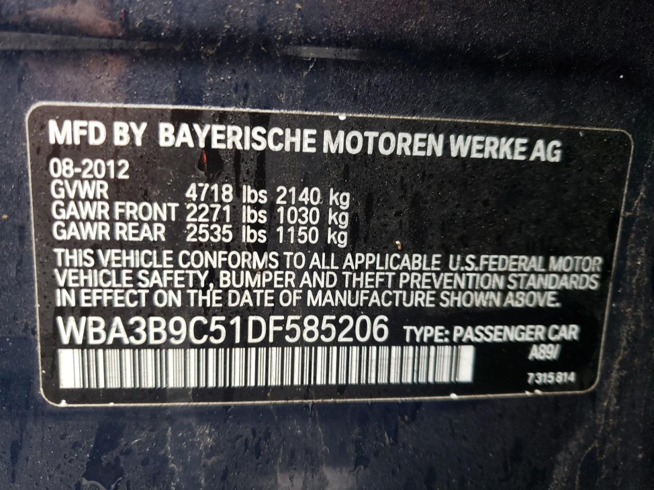 Photo 10 from auction – 2013 BMW 335 XI with VIN WBA3B9C51DF585206