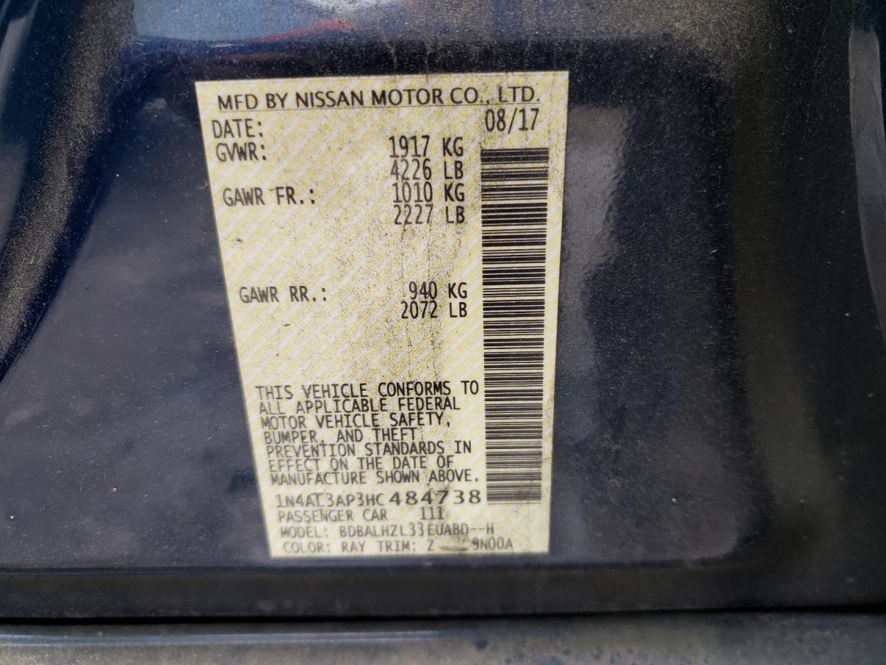 Photo 10 from auction – 2017 NISSAN ALTIMA 2.5 with VIN 1N4AL3AP3HC484738