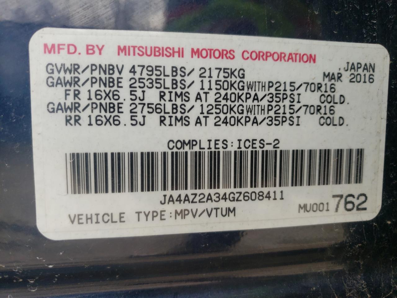 Photo 10 from auction – 2016 MITSUBISHI OUTLANDER with VIN JA4AZ2A34GZ608411