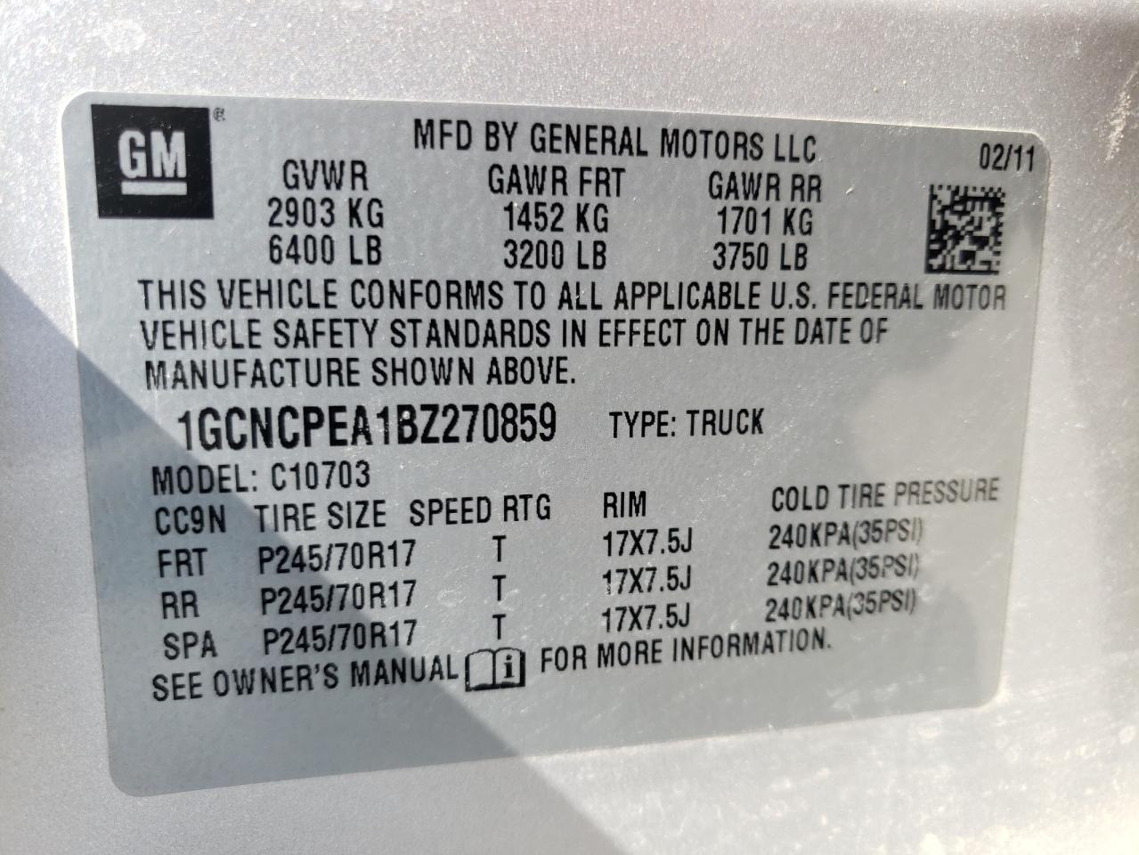 Photo 10 from auction – 2011 CHEVROLET SILVERADO with VIN 1GCNCPEA1BZ270859