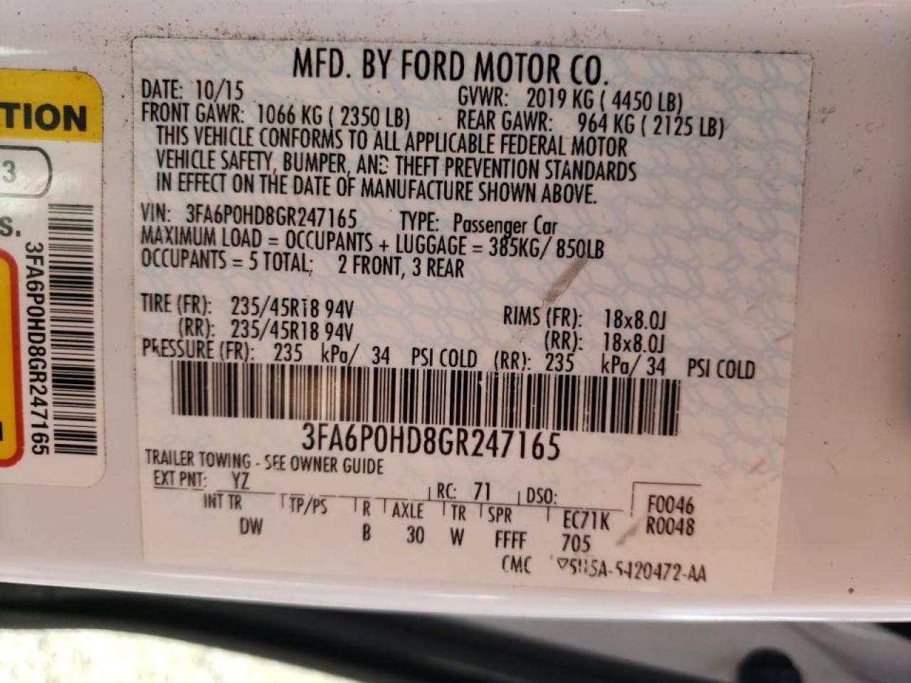 Photo 10 from auction – 2016 FORD FUSION SE with VIN 3FA6P0HD8GR247165