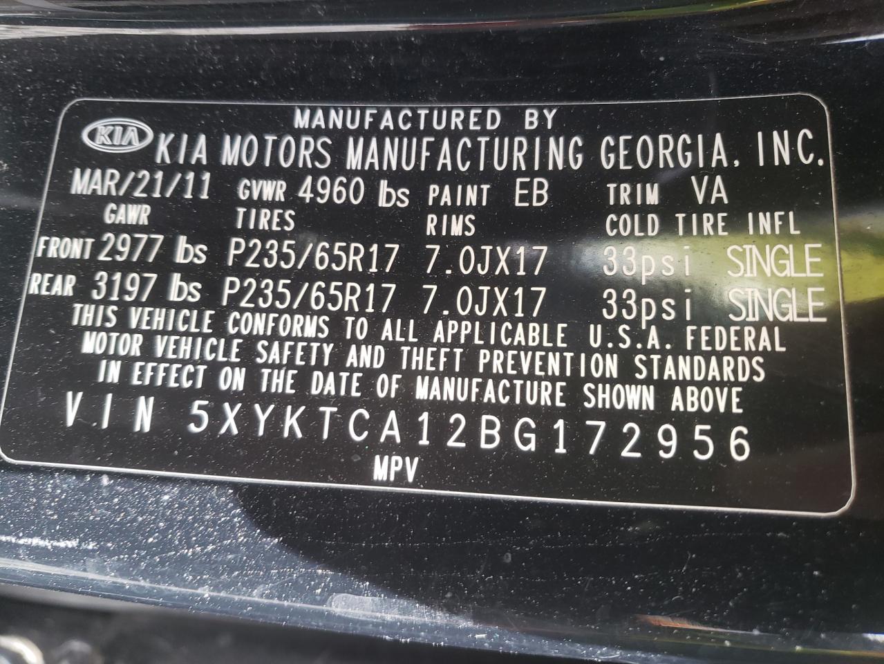 Photo 10 from auction – 2011 KIA SORENTO BA with VIN 5XYKTCA12BG172956