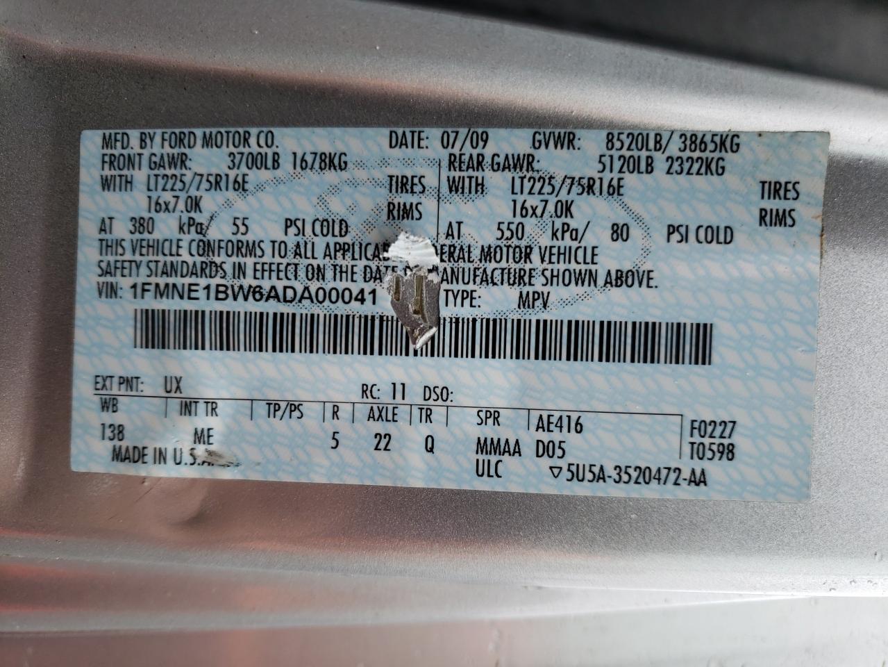Photo 10 from auction – 2010 FORD ECONOLINE with VIN 1FMNE1BW6ADA00041