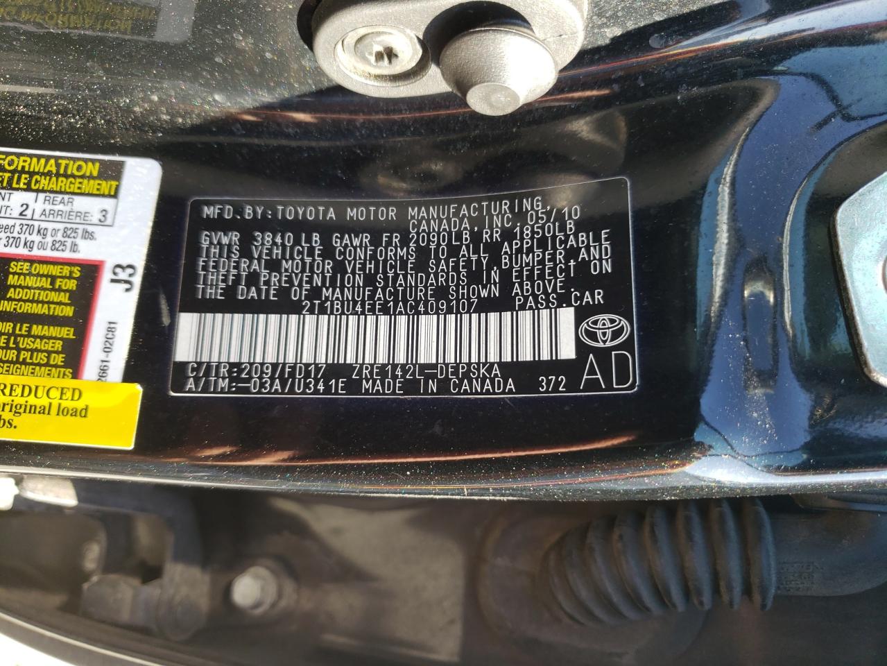 Photo 10 from auction – 2010 TOYOTA COROLLA BA with VIN 2T1BU4EE1AC409107
