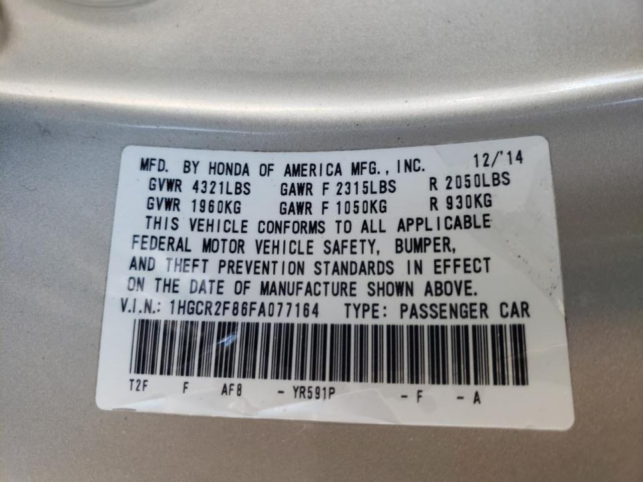 Photo 10 from auction – 2015 HONDA ACCORD EXL with VIN 1HGCR2F86FA077164