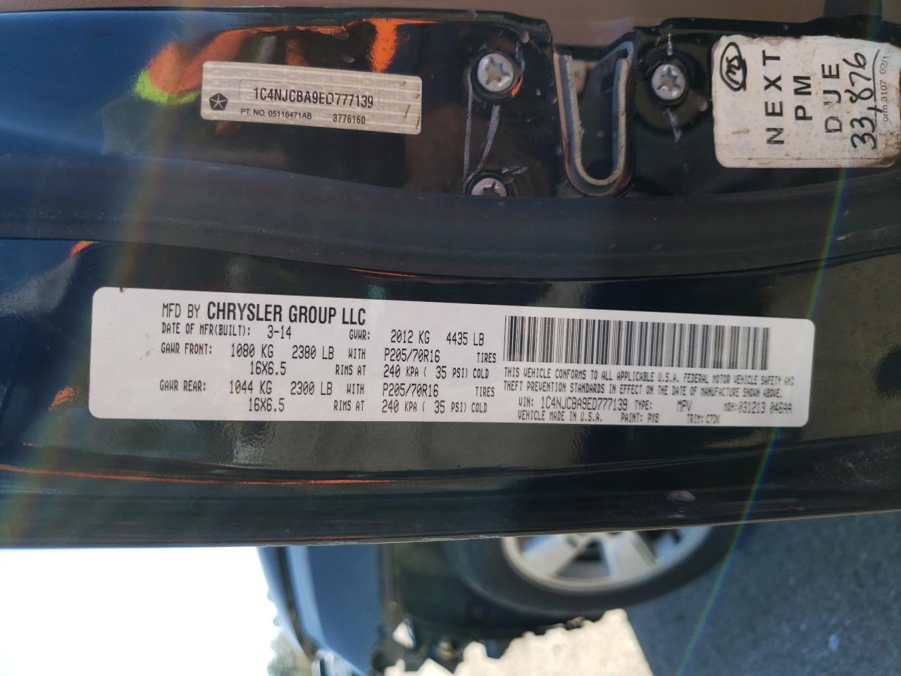 Photo 10 from auction – 2014 JEEP COMPASS SP with VIN 1C4NJCBA9ED777139