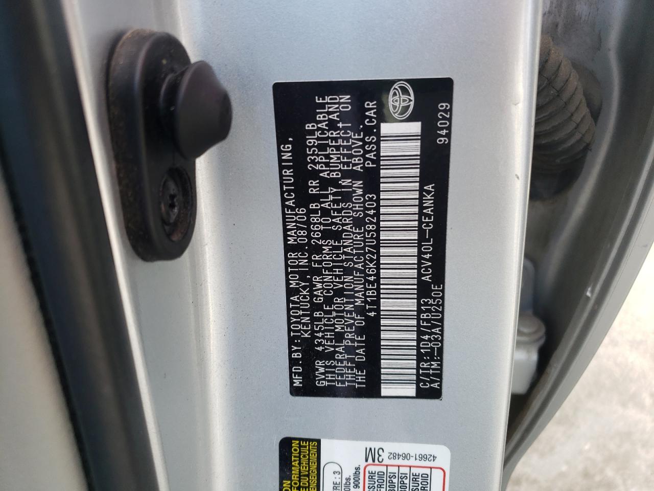 Photo 10 from auction – 2007 TOYOTA CAMRY with VIN 4T1BE46K27U582403
