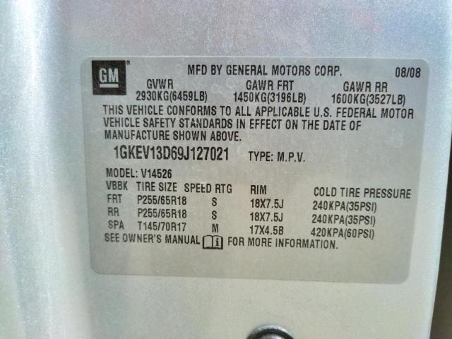 Photo 10 from auction – 2009 GMC ACADIA SLE with VIN 1GKEV13D69J127021