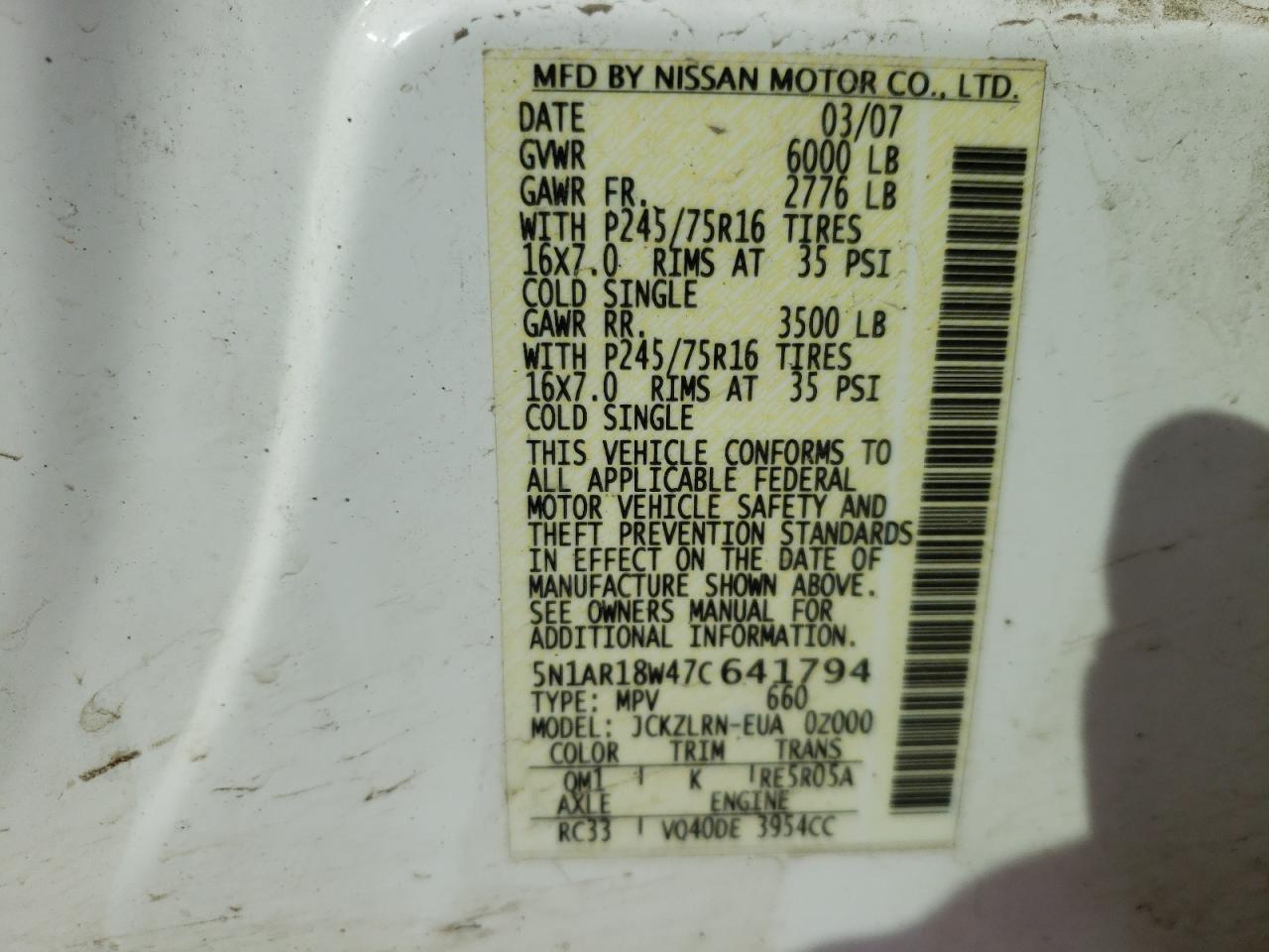 Photo 10 from auction – 2007 NISSAN PATHFINDER with VIN 5N1AR18W47C641794
