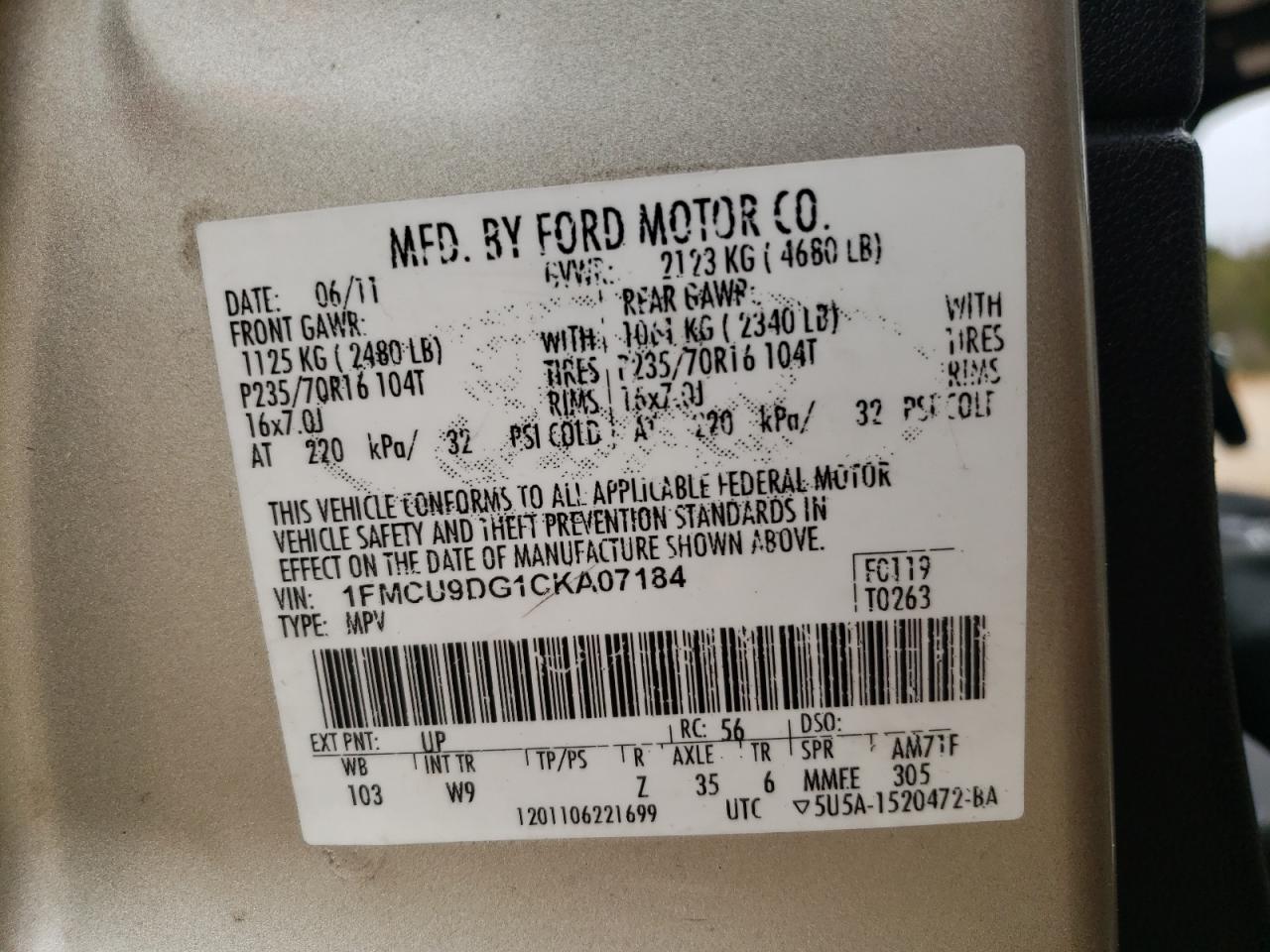 Photo 10 from auction – 2012 FORD ESCAPE XLT with VIN 1FMCU9DG1CKA07184