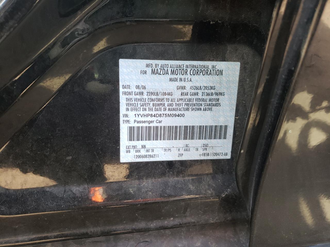 Photo 10 from auction – 2007 MAZDA 6 S with VIN 1YVHP84D875M09400