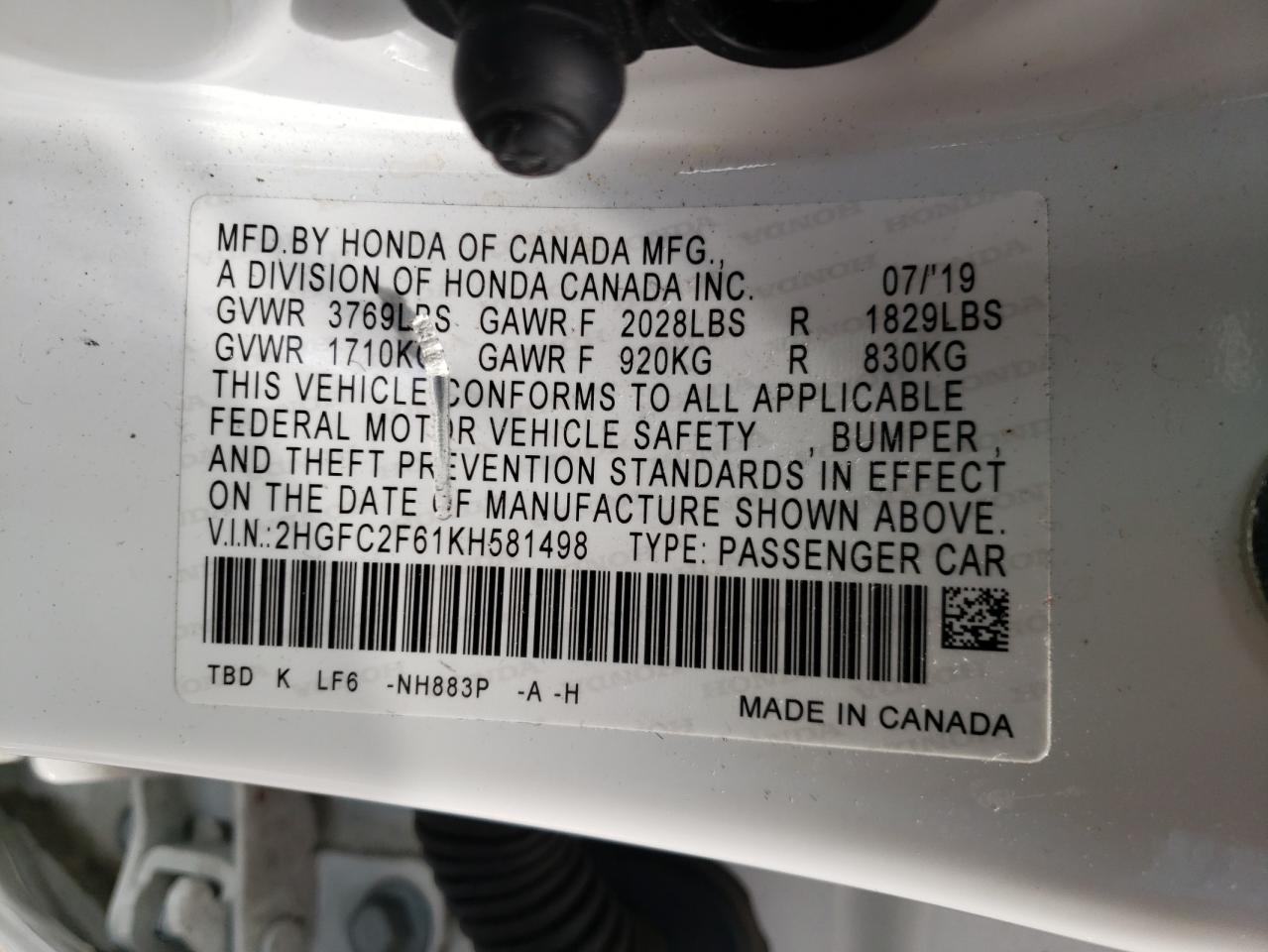 Photo 10 from auction – 2019 HONDA CIVIC LX with VIN 2HGFC2F61KH581498