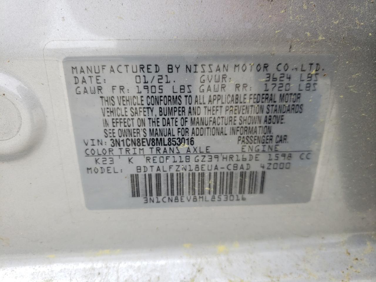 Photo 10 from auction – 2021 NISSAN VERSA SV with VIN 3N1CN8EV8ML853016