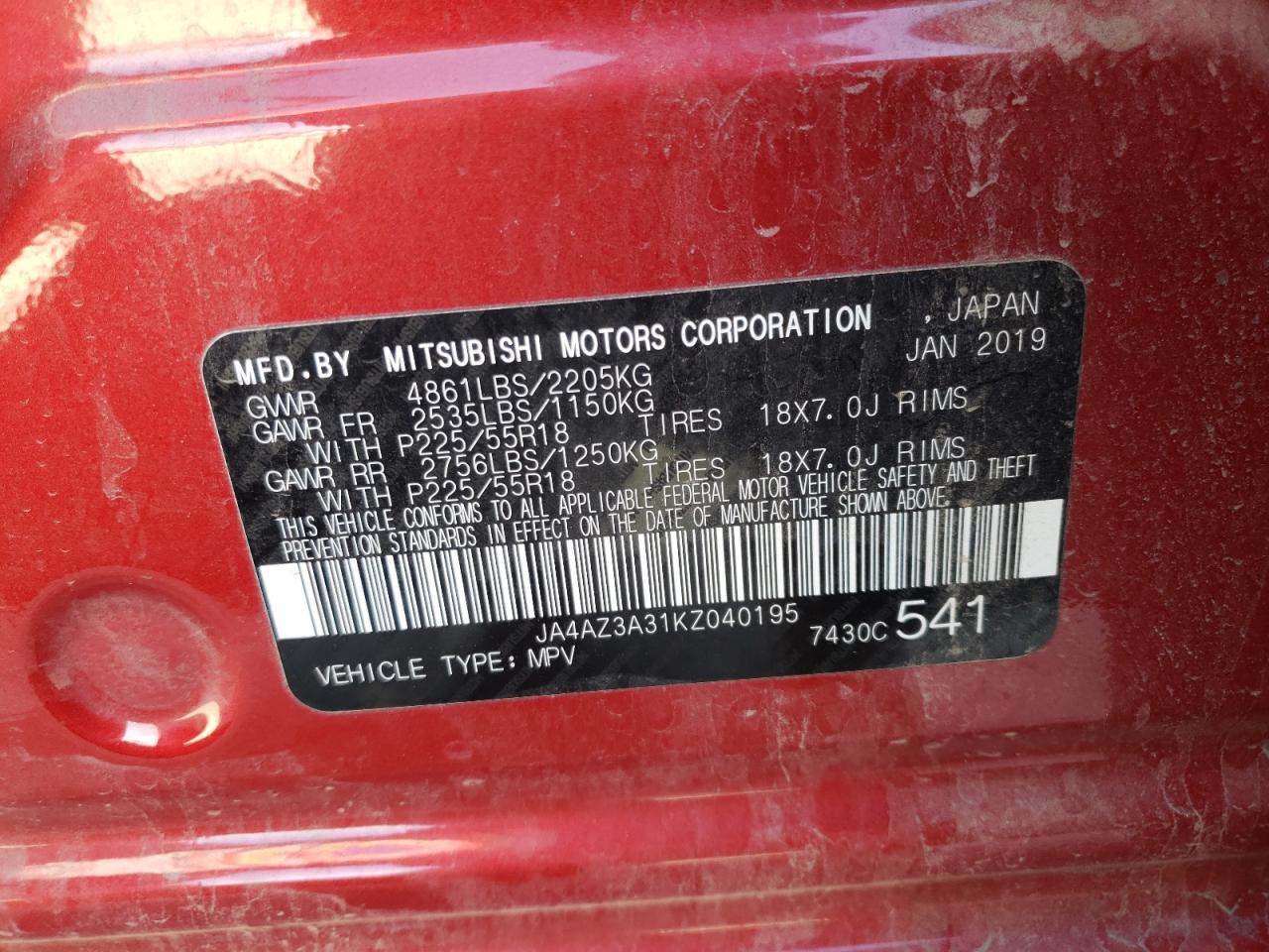 Photo 10 from auction – 2019 MITSUBISHI OUTLANDER with VIN JA4AZ3A31KZ040195
