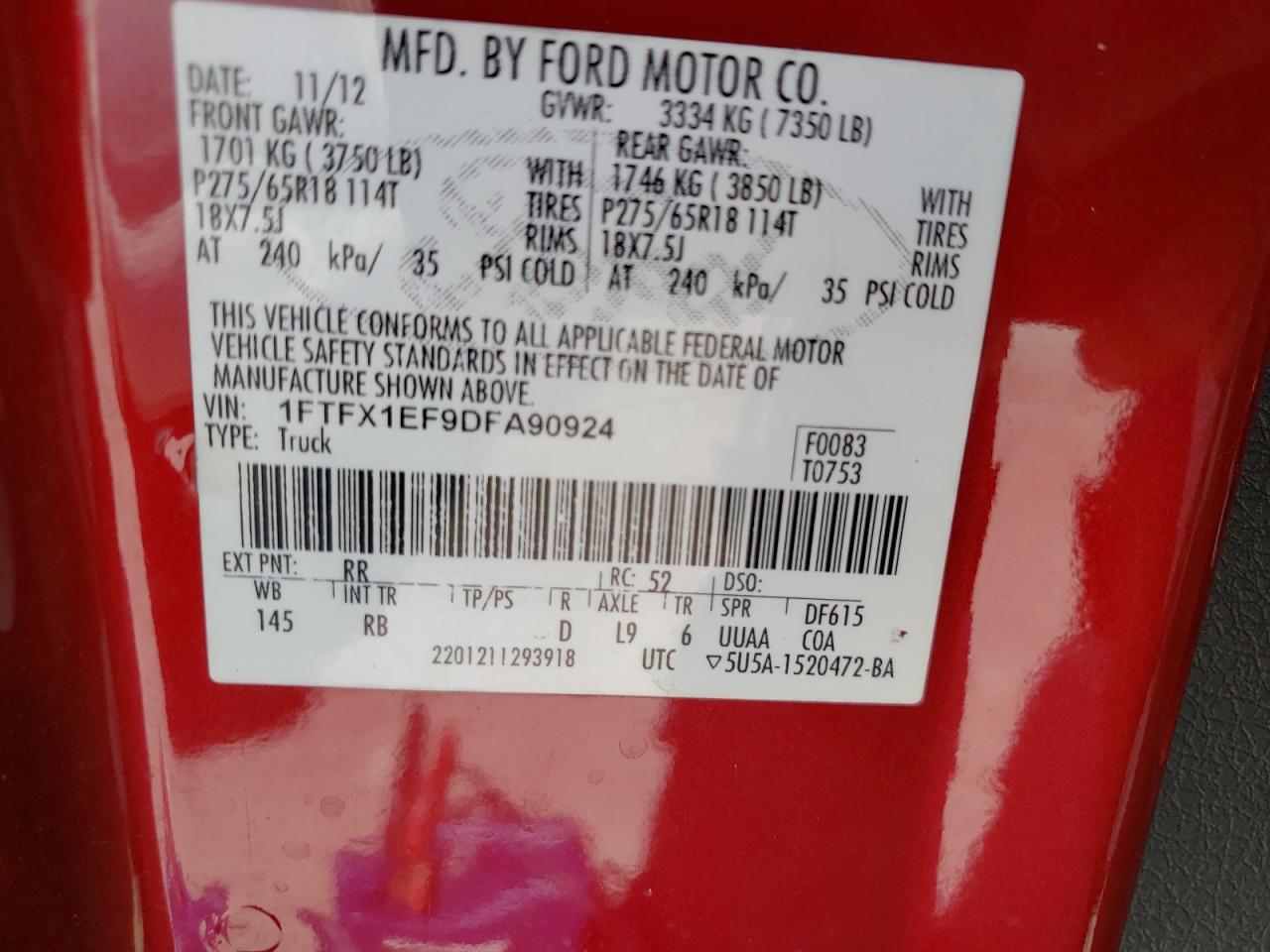 Photo 10 from auction – 2013 FORD F150 SUPER with VIN 1FTFX1EF9DFA90924