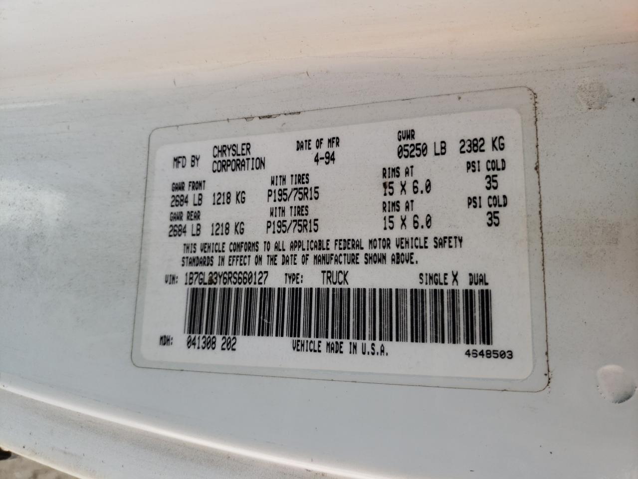 Photo 10 from auction – 1994 DODGE DAKOTA with VIN 1B7GL23Y6RS660127