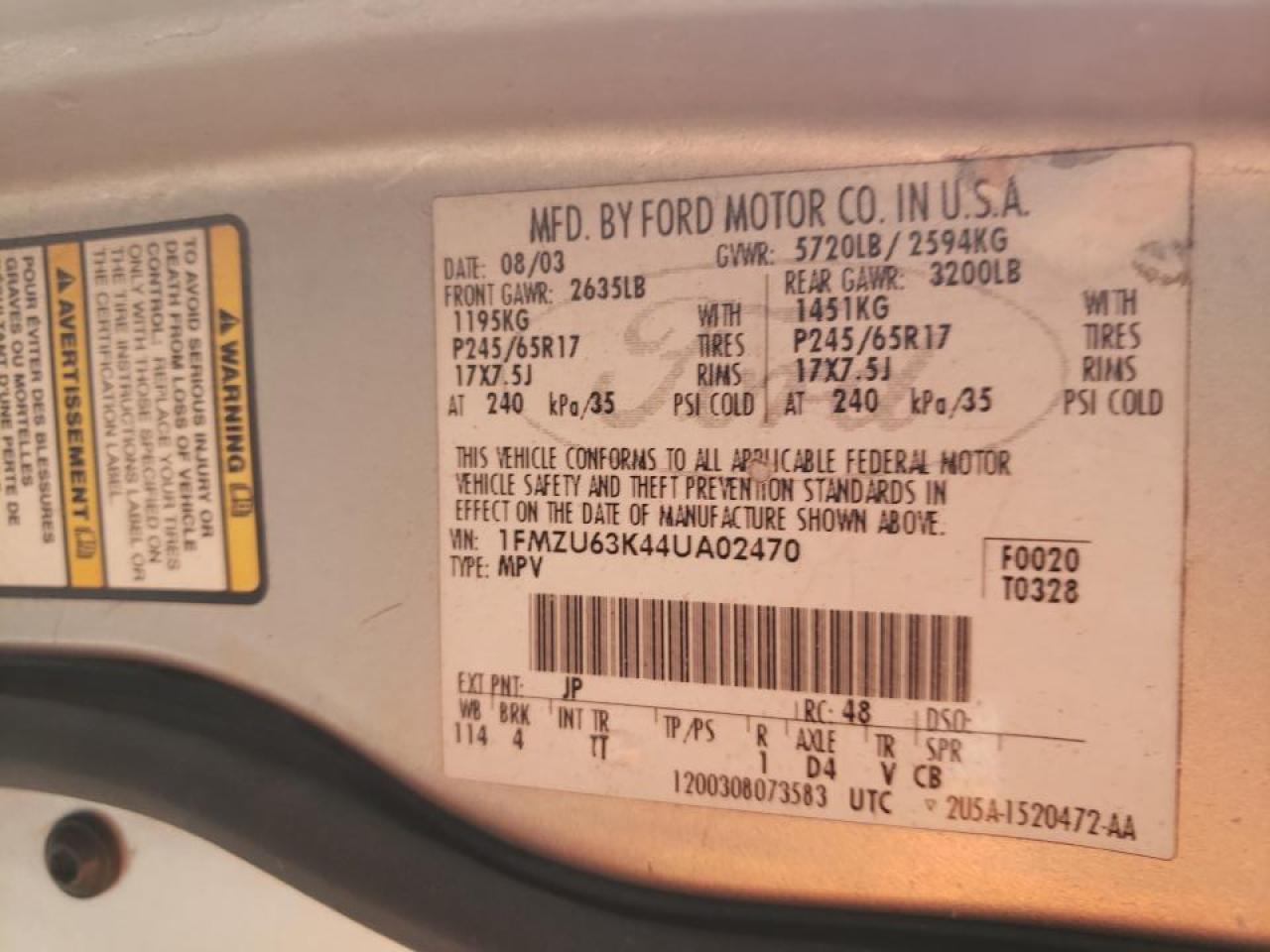 Photo 10 from auction – 2004 FORD EXPLORER X with VIN 1FMZU63K44UA02470