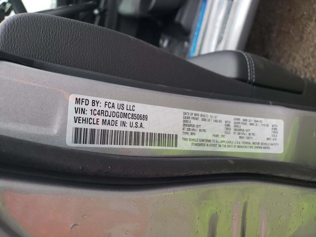 Photo 10 from auction – 2021 DODGE DURANGO GT with VIN 1C4RDJDG0MC850689