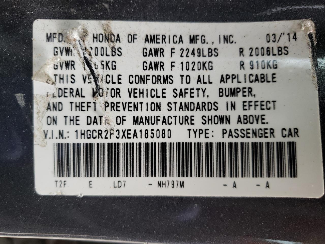 Photo 10 from auction – 2014 HONDA ACCORD LX with VIN 1HGCR2F3XEA185080