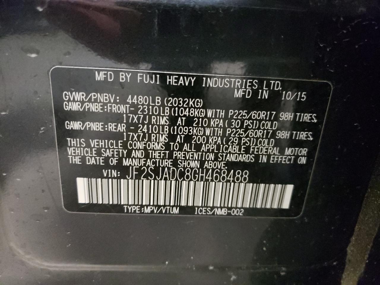 Photo 10 from auction – 2016 SUBARU FORESTER 2 with VIN JF2SJADC8GH468488
