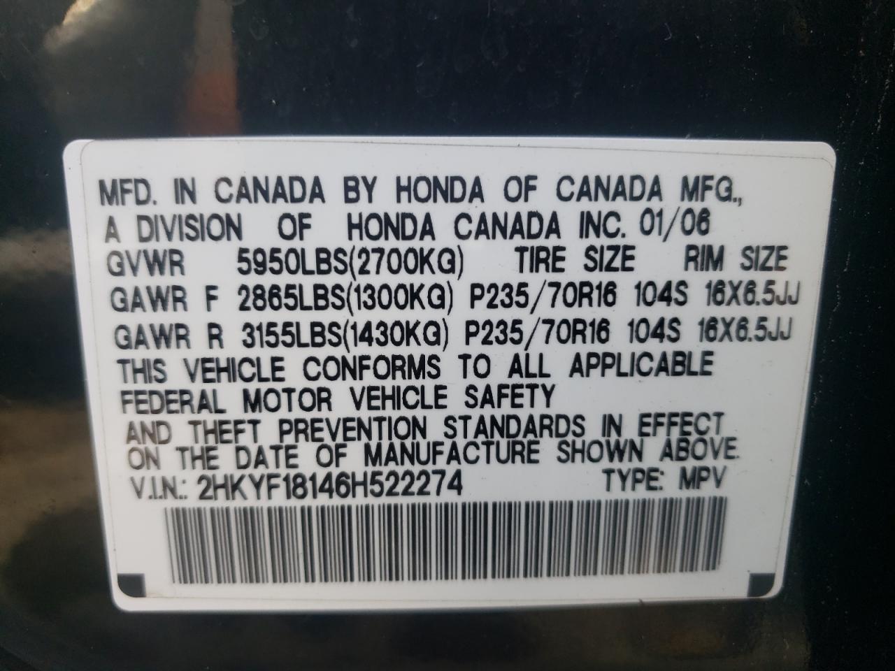 Photo 10 from auction – 2006 HONDA PILOT LX with VIN 2HKYF18146H522274
