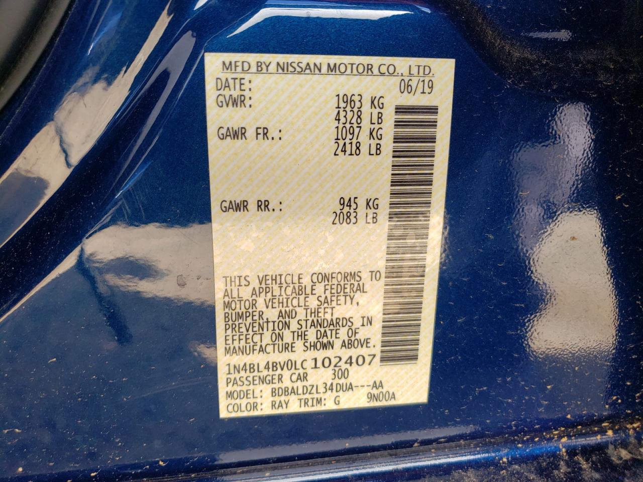 Photo 10 from auction – 2020 NISSAN ALTIMA S with VIN 1N4BL4BV0LC102407