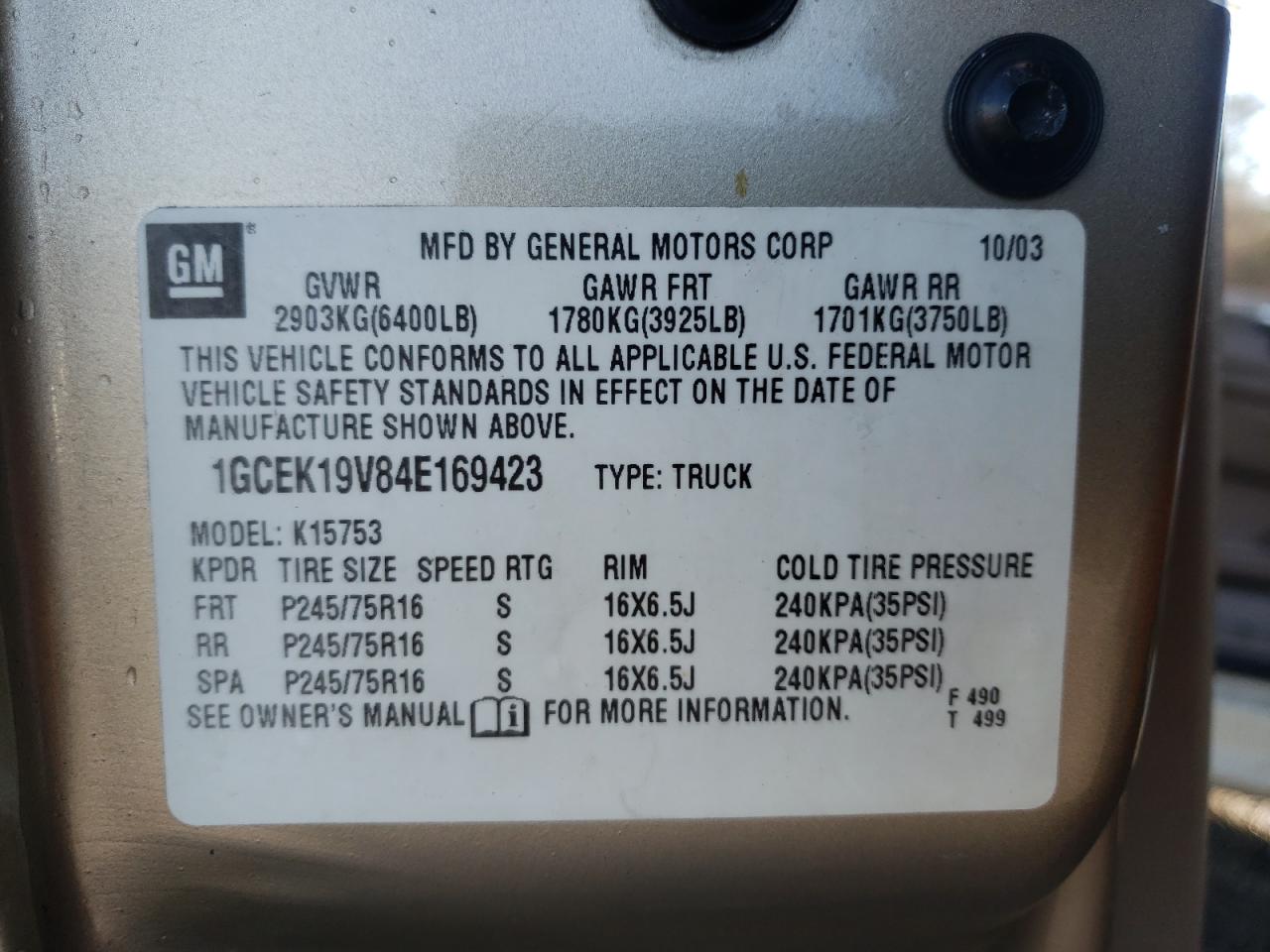 Photo 10 from auction – 2004 CHEVROLET SILVERADO with VIN 1GCEK19V84E169423