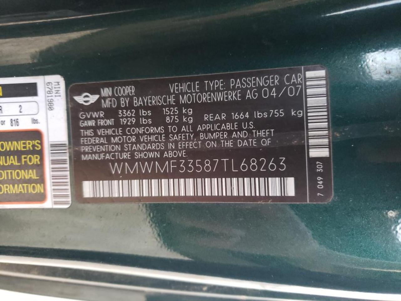 Photo 10 from auction – 2007 MINI COOPER with VIN WMWMF33587TL68263