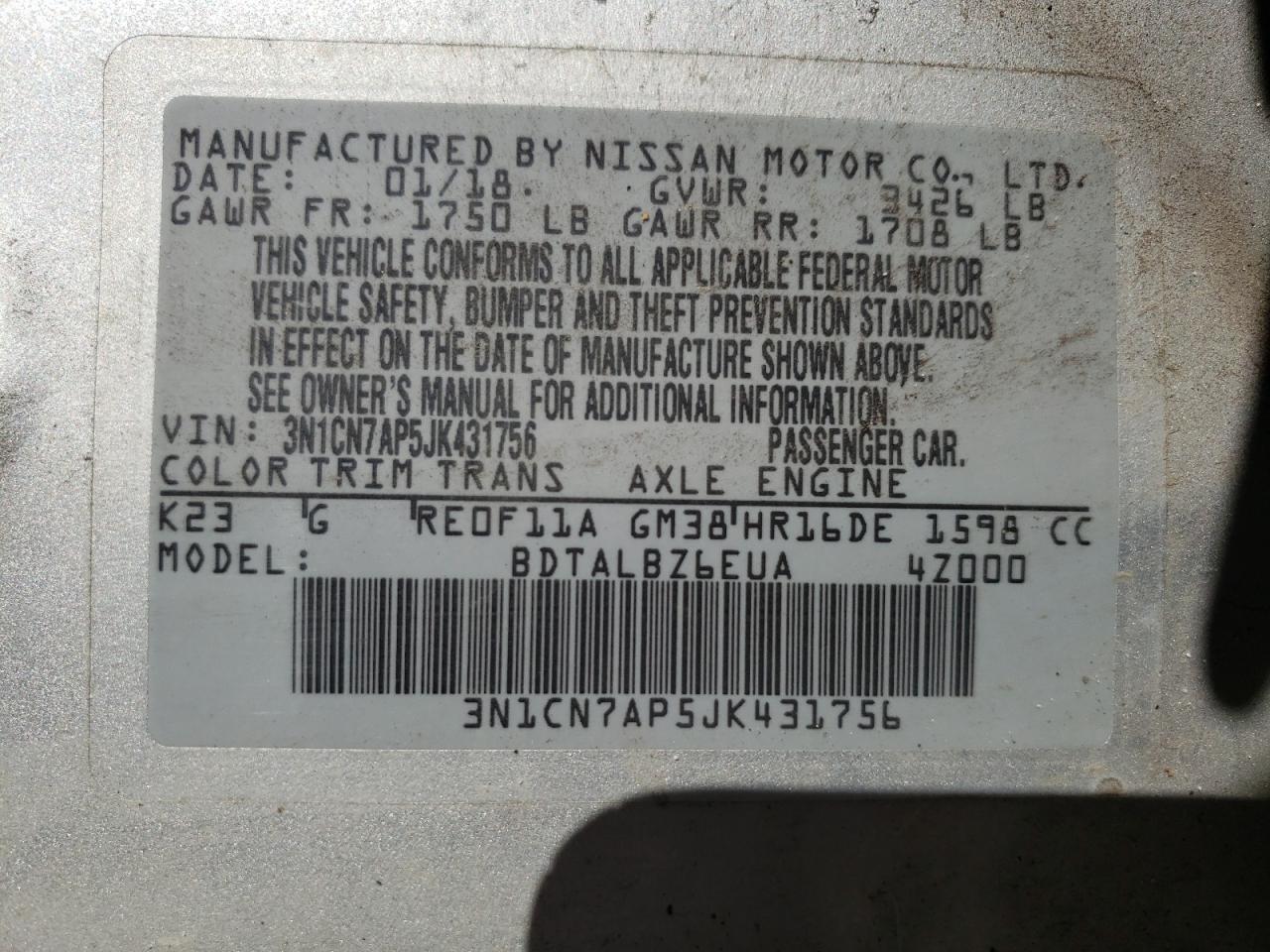 Photo 10 from auction – 2018 NISSAN VERSA S with VIN 3N1CN7AP5JK431756