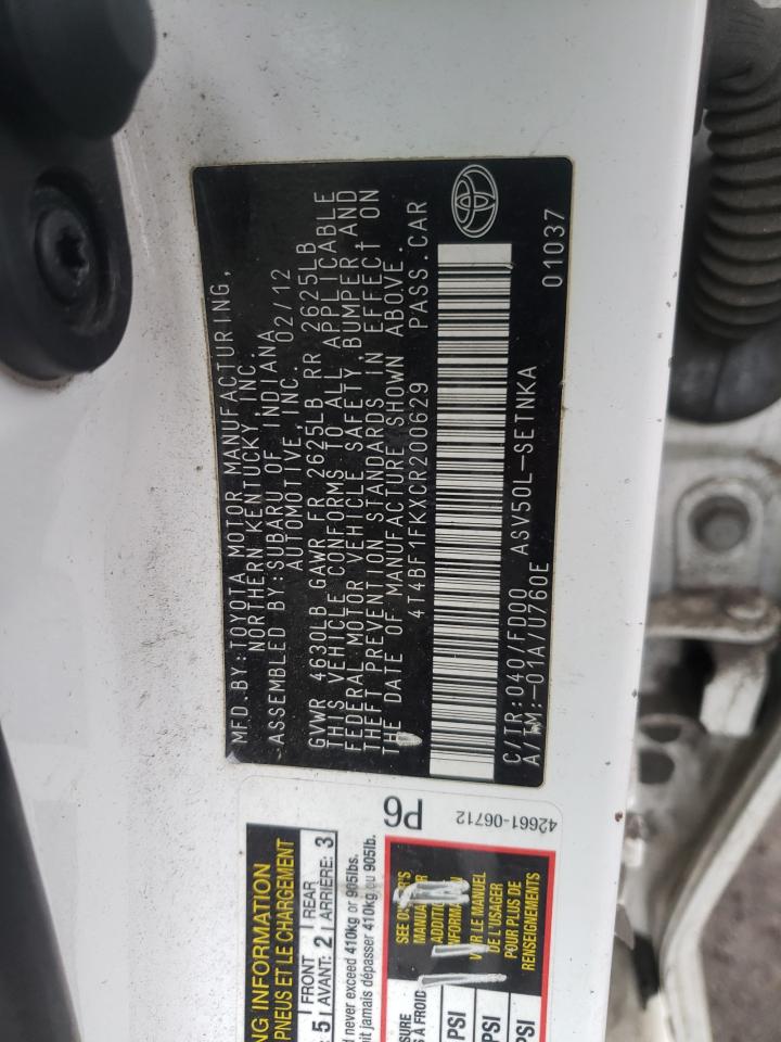 Photo 10 from auction – 2012 TOYOTA CAMRY BASE with VIN 4T4BF1FKXCR200629