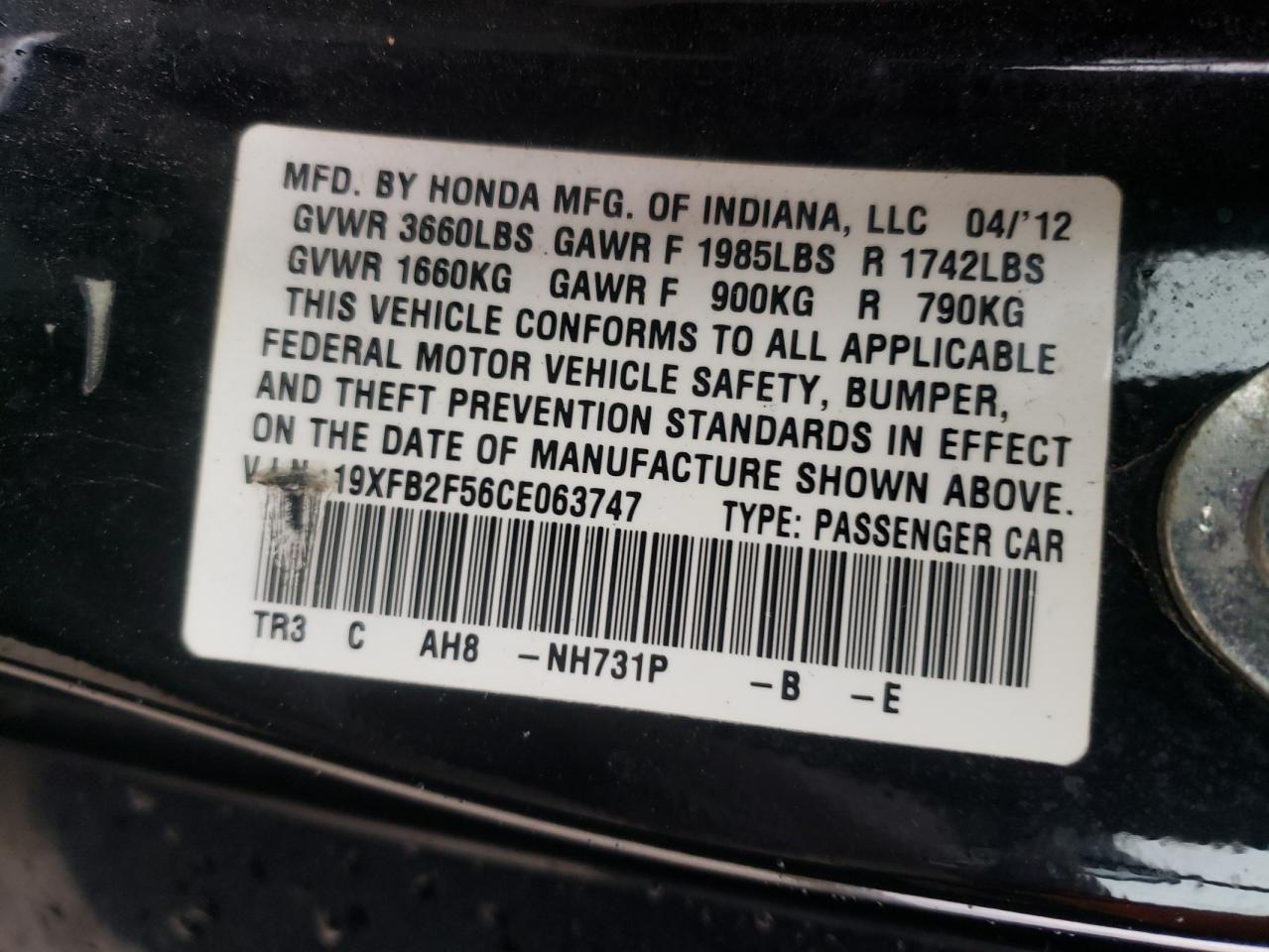 Photo 10 from auction – 2012 HONDA CIVIC LX with VIN 19XFB2F56CE063747
