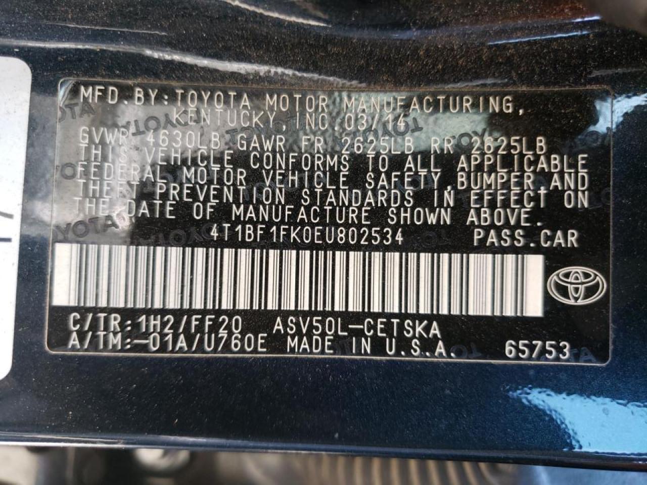 Photo 10 from auction – 2014 TOYOTA CAMRY L with VIN 4T1BF1FK0EU802534