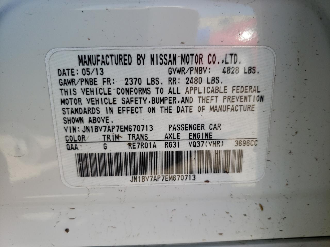 Photo 10 from auction – 2014 INFINITI Q50 BASE with VIN JN1BV7AP7EM670713