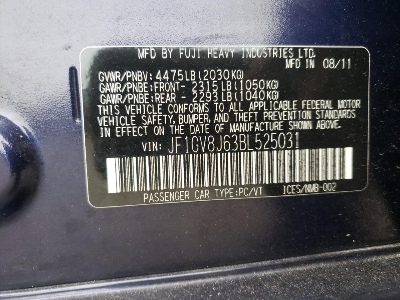 Photo 10 from auction – 2011 SUBARU IMPREZA WR with VIN JF1GV8J63BL525031