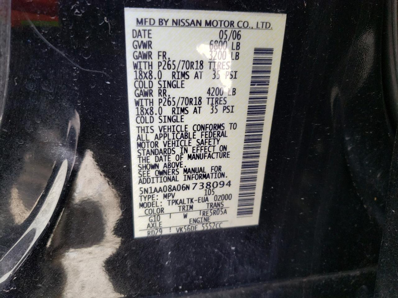 Photo 10 from auction – 2006 NISSAN ARMADA with VIN 5N1AA08A06N738094