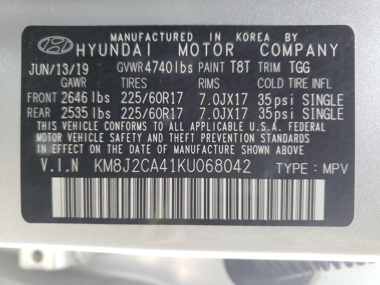 Photo 10 from auction – 2019 HYUNDAI TUCSON SE with VIN KM8J2CA41KU068042