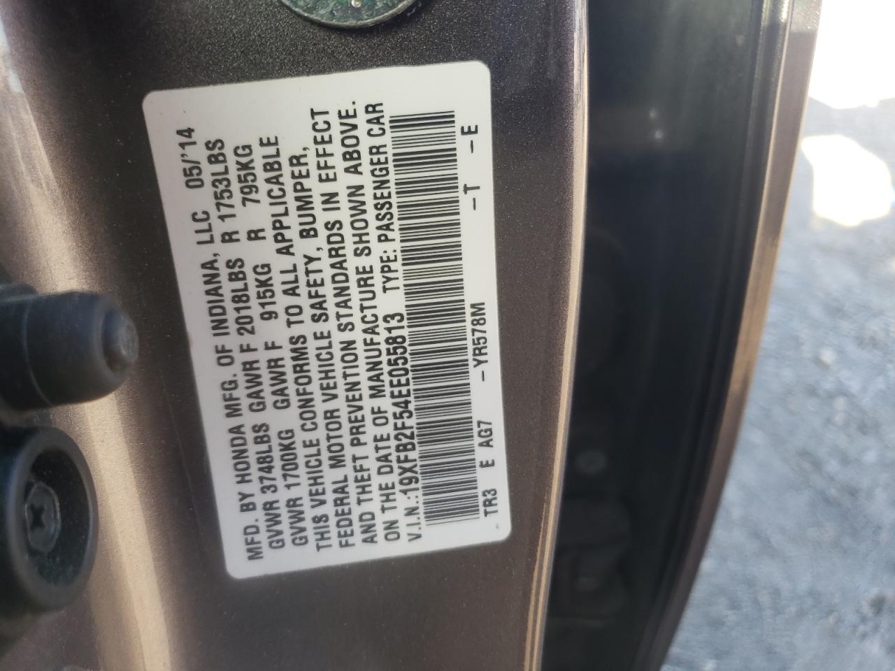 Photo 10 from auction – 2014 HONDA CIVIC LX with VIN 19XFB2F54EE055813