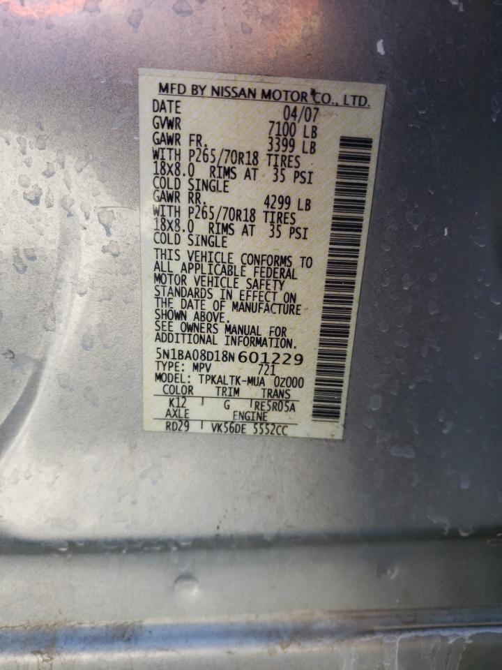 Photo 10 from auction – 2008 NISSAN ARMADA SE with VIN 5N1BA08D18N601229