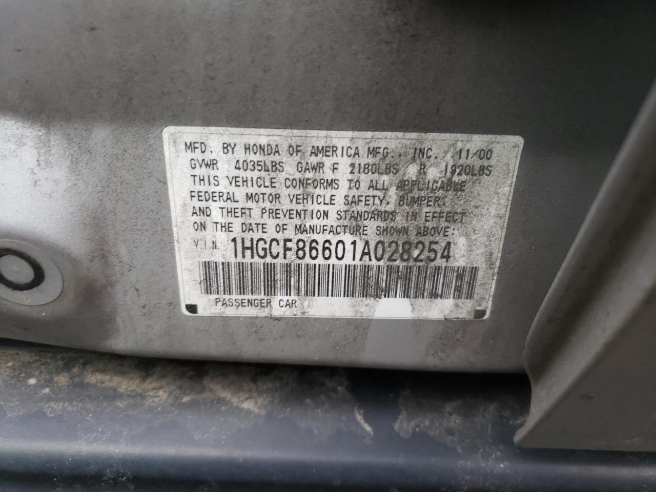 Photo 10 from auction – 2001 HONDA ACCORD VAL with VIN 1HGCF86601A028254