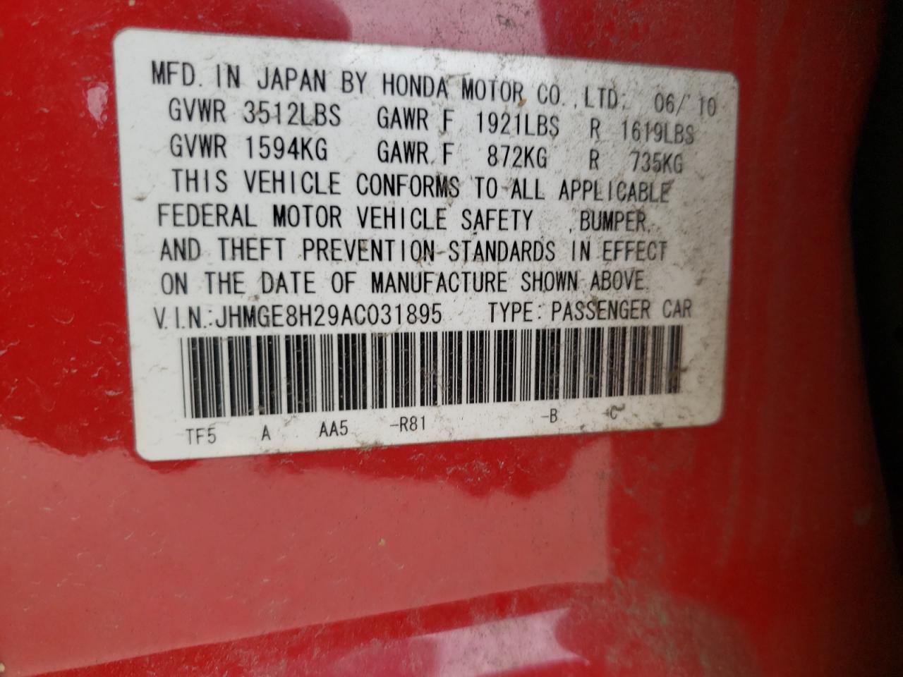Photo 10 from auction – 2010 HONDA FIT with VIN JHMGE8H29AC031895