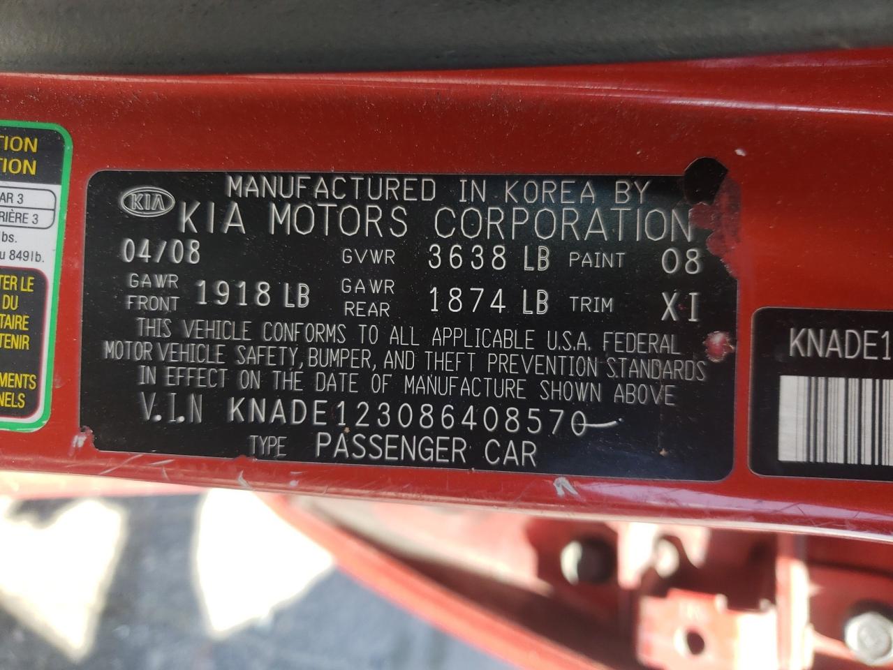 Photo 10 from auction – 2008 KIA RIO BASE with VIN KNADE123086408570