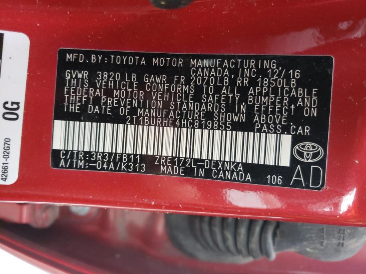 Photo 10 from auction – 2017 TOYOTA COROLLA L with VIN 2T1BURHE4HC819855