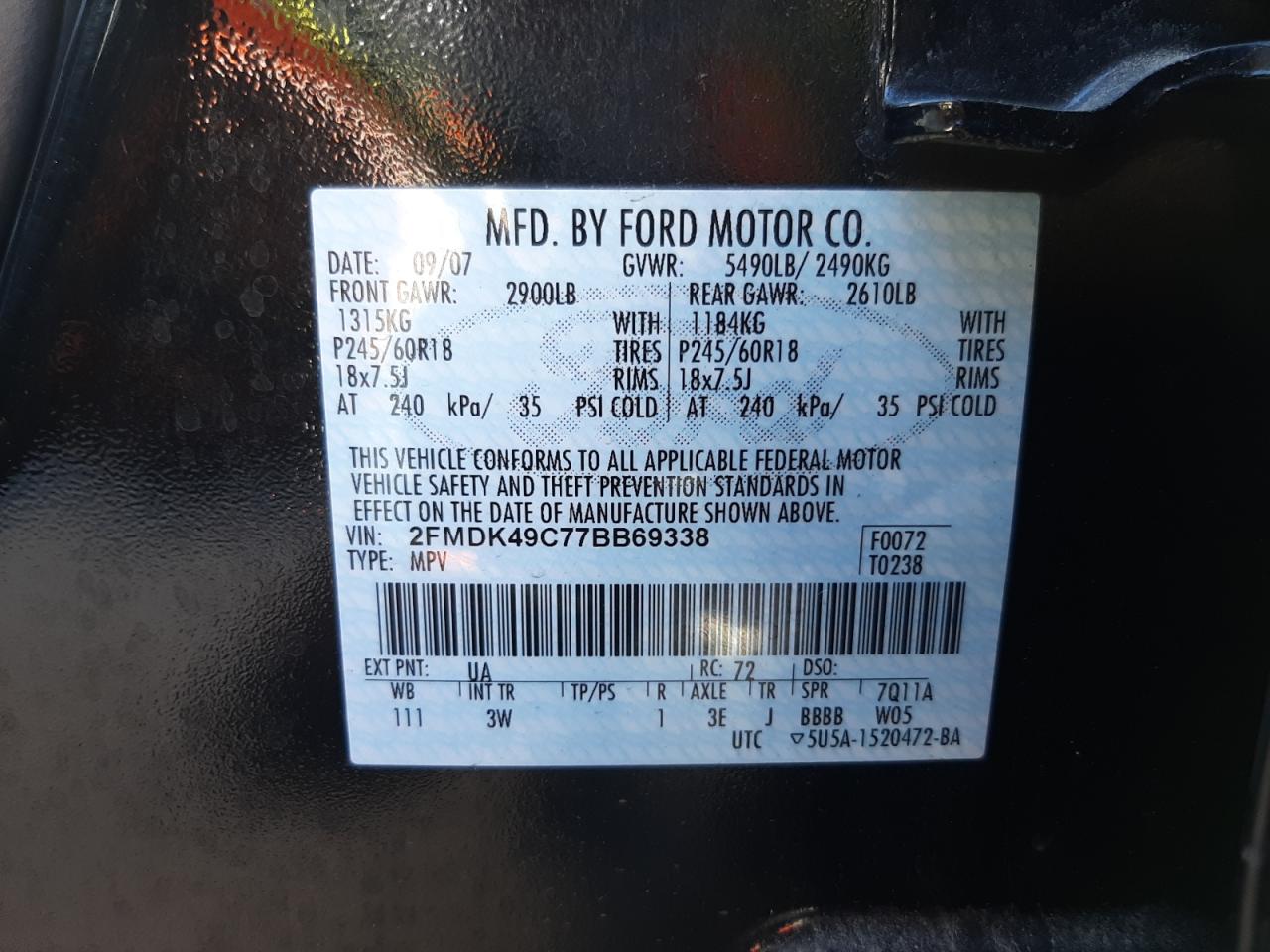 Photo 10 from auction – 2007 FORD EDGE SEL P with VIN 2FMDK49C77BB69338