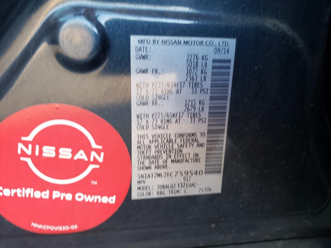 Photo 10 from auction – 2015 NISSAN ROGUE S with VIN 5N1AT2ML2FC759540