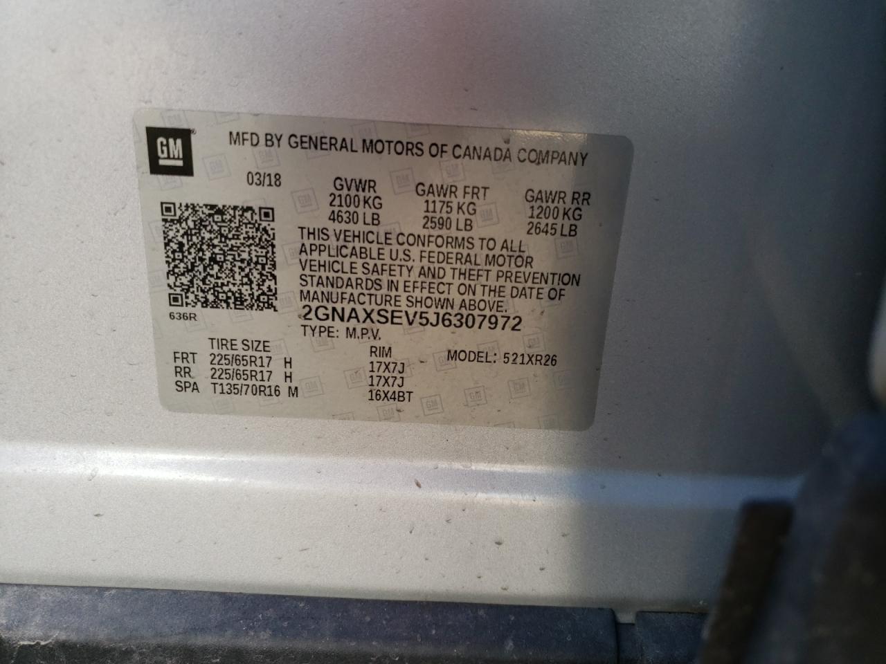 Photo 10 from auction – 2018 CHEVROLET EQUINOX LT with VIN 2GNAXSEV5J6307972