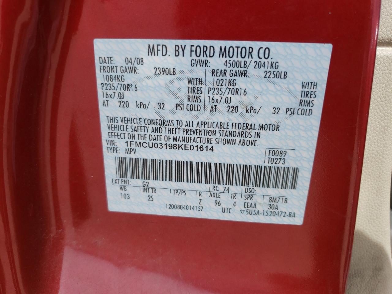 Photo 10 from auction – 2008 FORD ESCAPE XLT with VIN 1FMCU03198KE01614
