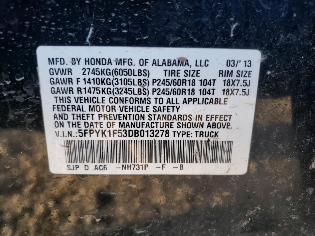 Photo 10 from auction – 2013 HONDA RIDGELINE with VIN 5FPYK1F53DB013278