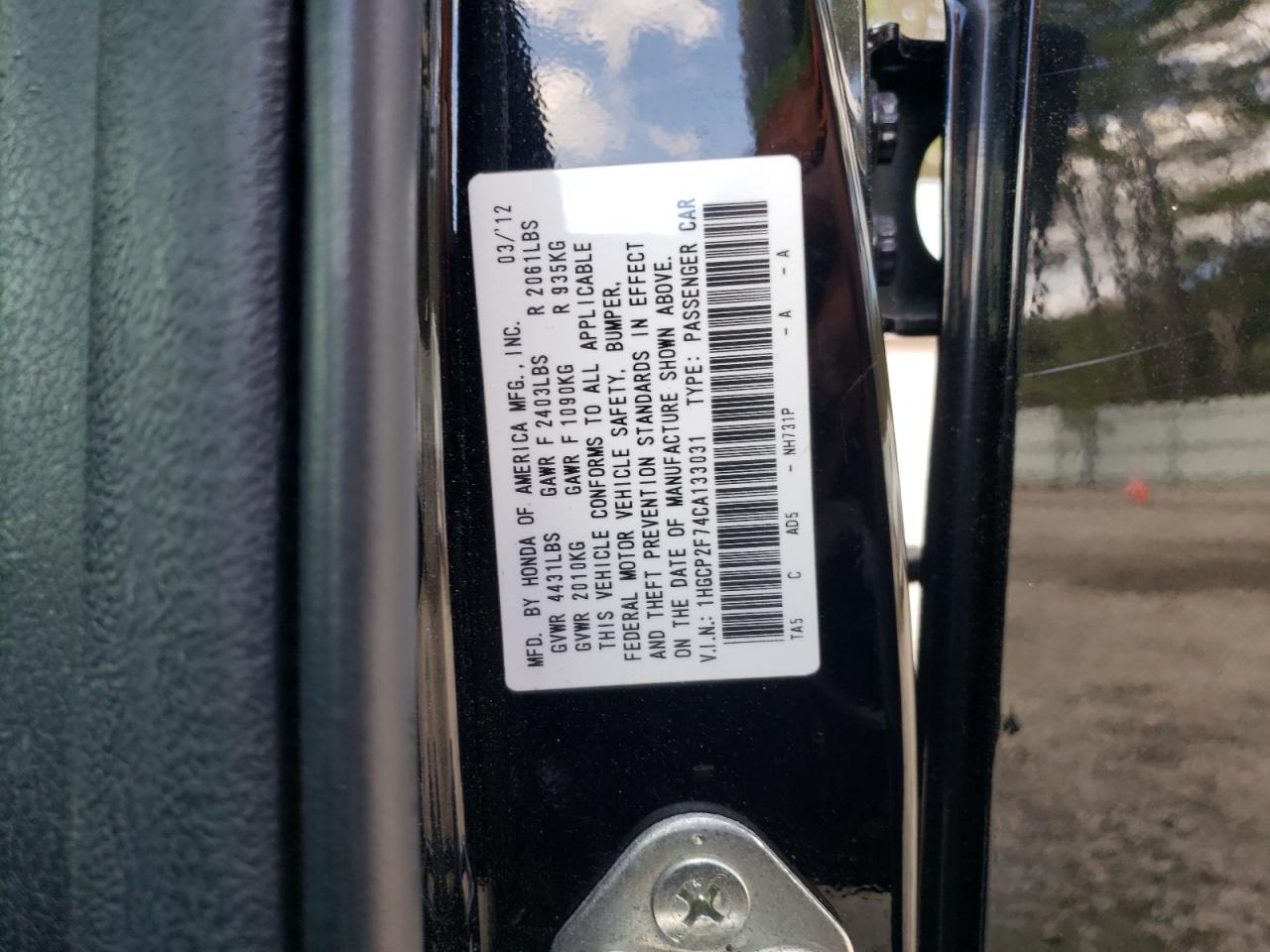 Photo 10 from auction – 2012 HONDA ACCORD EX with VIN 1HGCP2F74CA133031